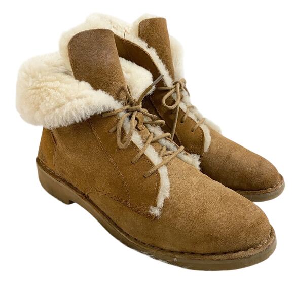 Ugg Chestnut Tan Shearling Combat Boots Lace Up Fully Lined Women's Size 8 EUC - Picture 1 of 10